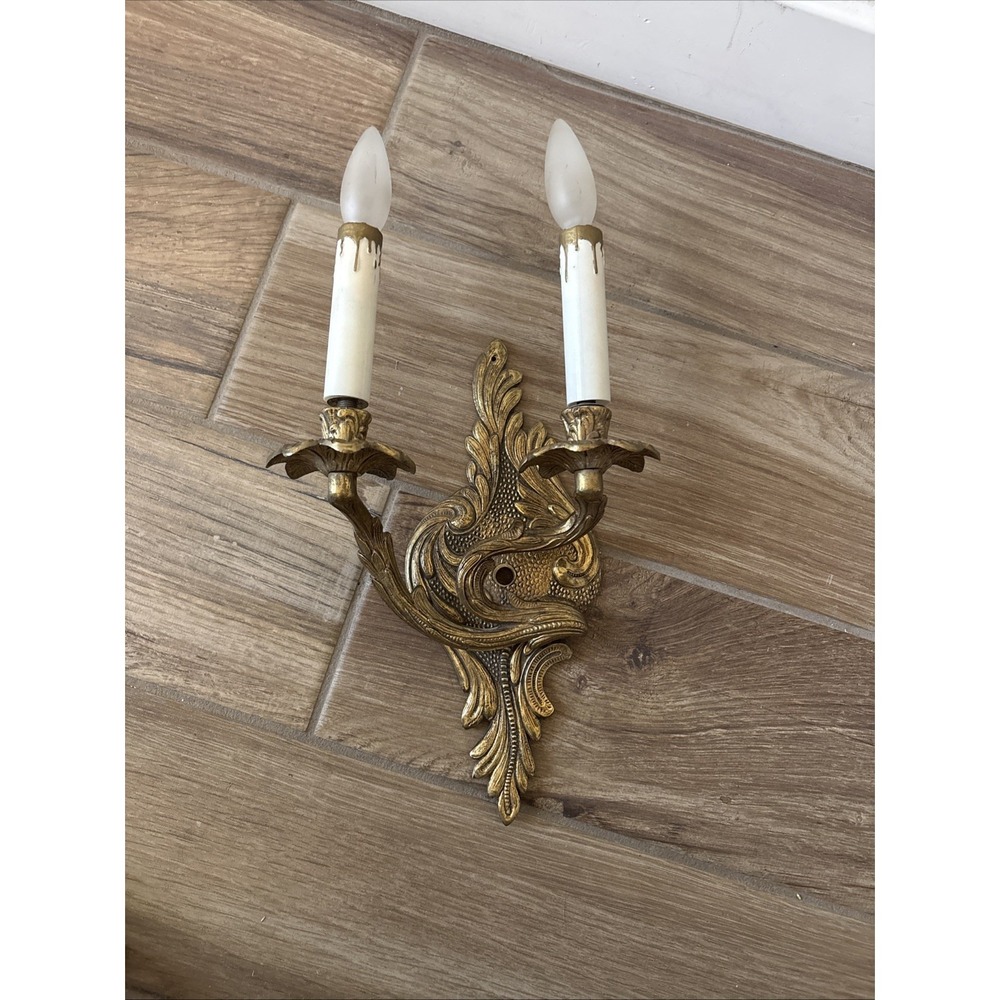Antique Victorian 2 Light Brass Candelabra Wall Lamp Light Sconce